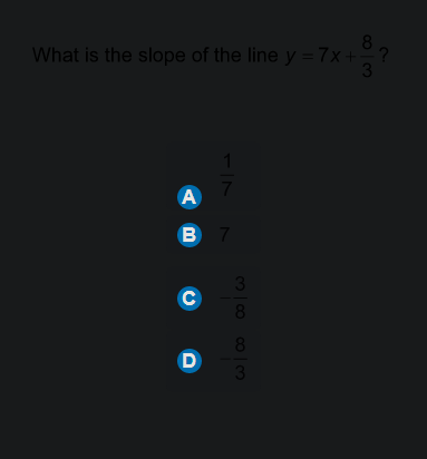 What is the slope of the line y =7x+- ?
3
A
В 7
D
3\
