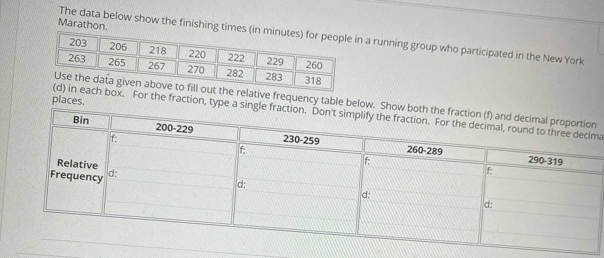 The data below show the finishing times (in minutes) for people in a running group who participated in the New York
Marathon.
203
206
218
220
222
229
260
263
265
267
270
282
283
318
Use the data given above to fill out the relative frequency table below. Show both the fraction (f) and decimal proportion
(d) in each box. For the fraction, type a single fraction. Don't simplify the fraction. For the decimal, round to three decima
places.
Bin
200-229
230-259
260-289
290-319
f:
f:
f:
f:
Relative
d:
Frequency
d:
d:
d:
