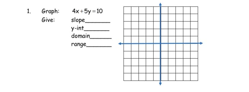 1.
Graph:
4x +5y = 10
slope
y-int
domain
Give:
range
