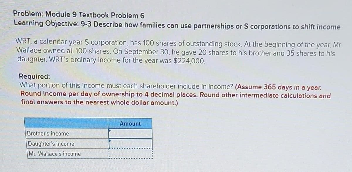 Problem: Module 9 Textbook Problem 6
Learning Objective: 9-3 Describe how families can use partnerships or S corporations to shift income
WRT, a calendar year S corporation, has 100 shares of outstanding stock. At the beginning of the year, Mr.
Wallace owned all 100 shares. On September 30, he gave 20 shares to his brother and 35 shares to his
daughter. WRT's ordinary income for the year was $224,000.
Required:
What portion of this income must each shareholder include in income? (Assume 365 days in a year.
Round income per day of ownership to 4 decimal places. Round other intermediate calculations and
final answers to the nearest whole dollar amount.)
Brother's income
Daughter's income
Mr. Wallace's income
Amount