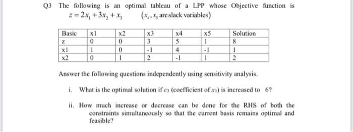 Q3 The following is an optimal tableau of a LPP whose Objective function is
z = 2x, +3x, +x,
(X.X, are slack variables)
Basic
x1
0.
x2
x3
x4
x5
Solution
8.
3.
x1
-1
4
-1
x2
-1
Answer the following questions independently using sensitivity analysis.
i. What is the optimal solution if es (coefficient of x) is increased to 6?
ii. How much increase or decrease can be done for the RHS of both the
constraints simultancously so that the current basis remains optimal and
feasible?
