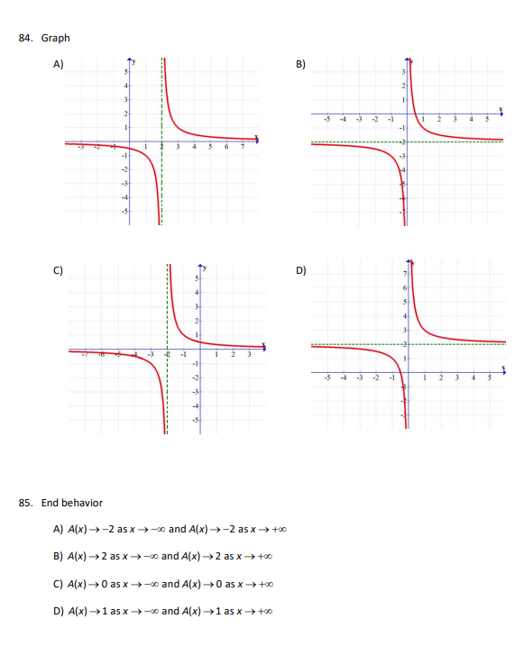 84. Graph
A)
C)
85. End behavior
-1
-3
-4
3
6 7
A) A(x)→-2 as x→→∞and A(x)→-2 as x→ +00
B) A(x)→2 as x→→→∞ and A(x)→→2 as x → +⁰0
C) A(x)→0 as x→→∞ and A(x)→→0 as x → +0⁰
D) A(x) →1 as x→→→∞ and A(x)→→1 as x → +00
B)
D)
-4
-4 -3
-2
-1
-1
1
2
3 4
3 4
5
5