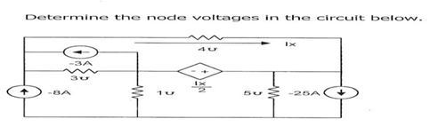 Determine the node voltages in the circuit below.
-3A
-BA
10
-26A
-W-
