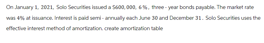 On January 1, 2021, Solo Securities issued a $600, 000, 6%, three-year bonds payable. The market rate
was 4% at issuance. Interest is paid semi-annually each June 30 and December 31. Solo Securities uses the
effective interest method of amortization. create amortization table