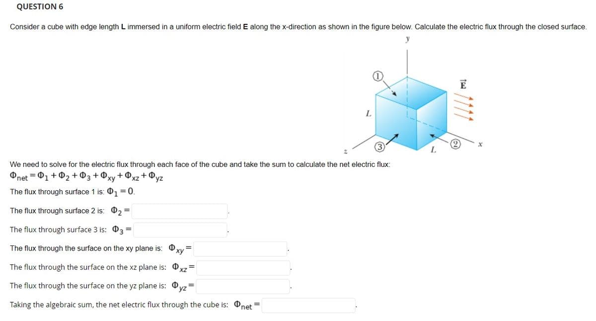 QUESTION 6
Consider a cube with edge length L immersed in a uniform electric field E along the x-direction as shown in the figure below. Calculate the electric flux through the closed surface.
E
L
We need to solve for the electric flux through each face of the cube and take the sum to calculate the net electric flux:
%3D Ф, + Ф, + Фз + Ф.
Onet
ху
+ Ovz +0,
yz
XZ
The flux through surface 1 is: 0 = 0.
The flux through surface 2 is: 0, =
The flux through surface 3 is: 03 =
The flux through the surface on the xy plane is: O
ху
The flux through the surface on the xz plane is: O x7=
The flux through the surface on the yz plane is:
Taking the algebraic sum, the net electric flux through the cube is: Onet
111

