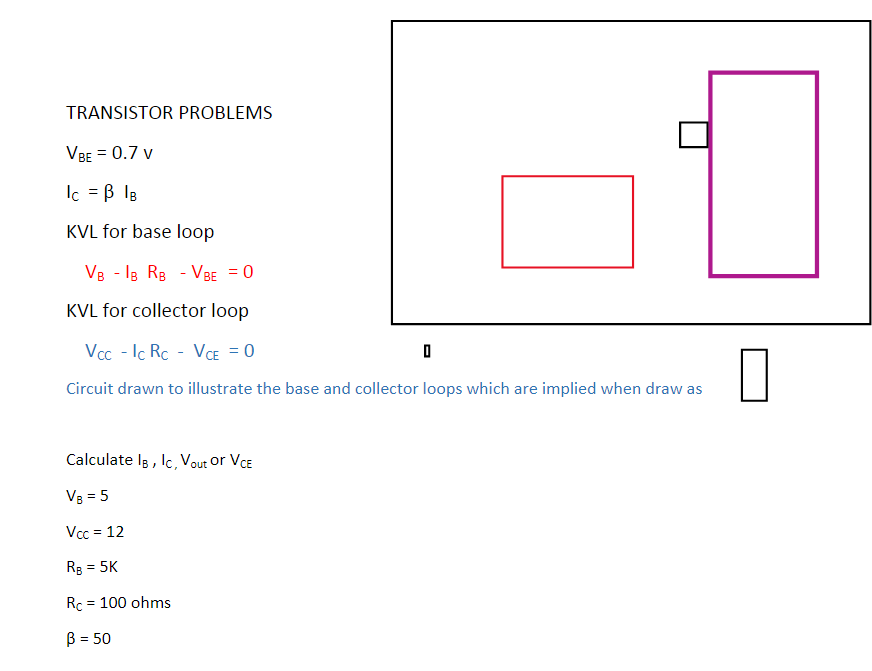 TRANSISTOR PROBLEMS
VBE = 0.7 v
Ic = B lB
KVL for base loop
V8 - IB RB - VBE = 0
KVL for collector loop
Vcc - Ic Rc - VCE = 0
Circuit drawn to illustrate the base and collector loops which are implied when draw as
Calculate Ig , Ic, Vout or VCE
V8 = 5
Vcc = 12
Rg = 5K
Rc
= 100 ohms
B = 50
