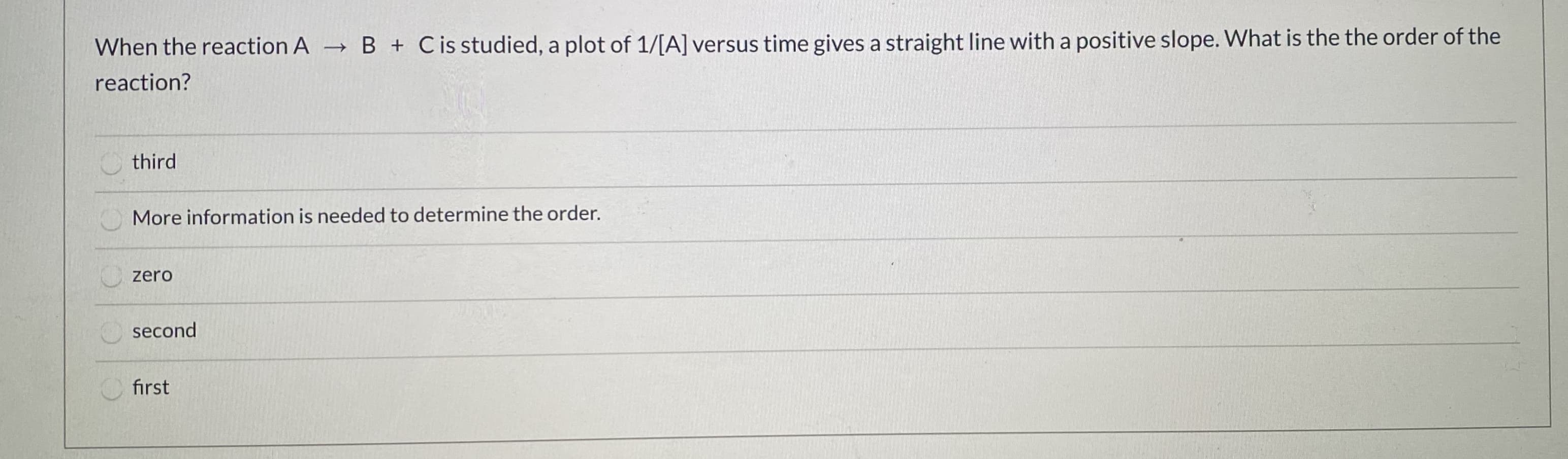 When the reaction A B + Cis studied, a plot of 1/[A) versus time gives a straight line with a positive slope. What is the the order of the
reaction?
third
More information is needed to determine the order.
zero
second
first
