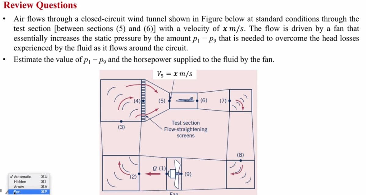 Review Questions
Air flows through a closed-circuit wind tunnel shown in Figure below at standard conditions through the
test section [between sections (5) and (6)] with a velocity of x m/s. The flow is driven by a fan that
essentially increases the static pressure by the amount p¡ – p, that is needed to overcome the head losses
experienced by the fluid as it flows around the circuit.
Estimate the value of p, – p, and the horsepower supplied to the fluid by the fan.
- P9
Vs = x m/s
(5)
(6)
(7)
Test section
Flow-straightening
(3)
screens
(8)
Q (1)
(9)
V Automatic
(2)
Hidden
Arrow
Pen
Fan
