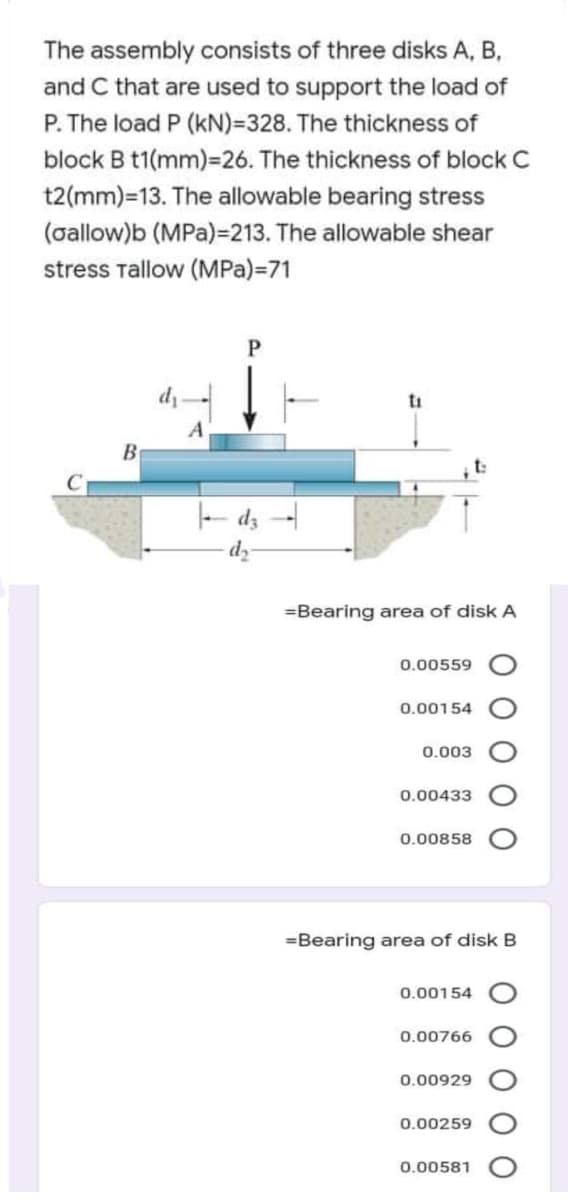 The assembly consists of three disks A, B,
and C that are used to support the load of
P. The load P (kN)=328. The thickness of
block B t1(mm)=26. The thickness of block C
t2(mm)=13. The allowable bearing stress
(allow)b (MPa)=213. The allowable shear
stress Tallow (MPa)=71
B
- dz
=Bearing area of disk A
0.00559
0.00154
0.003
0.00433
0.00858
=Bearing area of disk B
0.00154
0.00766
0.00929
0.00259
0.00581
