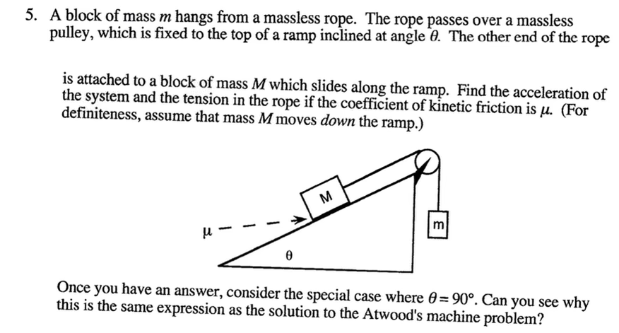 5. A block of mass m hangs from a massless rope. The rope passes over a massless
pulley, which is fixed to the top of a ramp inclined at angle 0. The other end of the rope
is attached to a block of mass M which slides along the ramp. Find the acceleration of
the system and the tension in the rope if the coefficient of kinetic friction is µ. (For
definiteness, assume that mass M moves down the ramp.)
M
u -
m
Once you have an answer, consider the special case where 0=90°. Can you see why
this is the same expression as the solution to the Atwood's machine problem?
