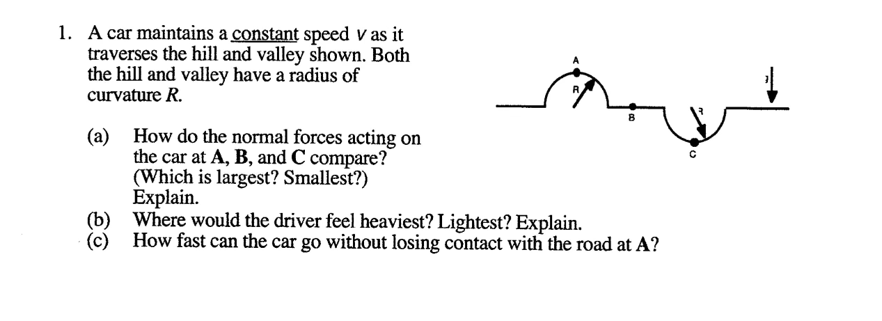 1. A car maintains a constant speed v as it
traverses the hill and valley shown. Both
the hill and valley have a radius of
curvature R.
How do the normal forces acting on
(a)
the car at A, B, and C compare?
(Which is largest? Smallest?)
Explain.
(b) Where would the driver feel heaviest? Lightest? Explain.
How fast can the car go without losing contact with the road at A?
(c)
