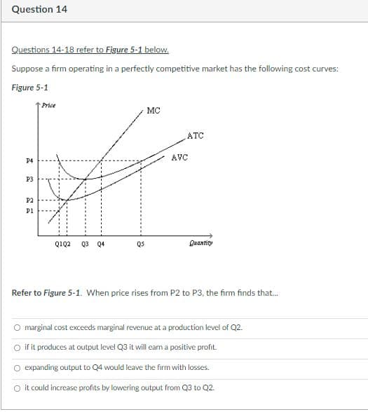 Question 14
Questions 14-18 refer to Figure 5-1 below.
Suppose a firm operating in a perfectly competitive market has the following cost curves:
Figure 5-1
MC
ATC
P4
P3
P2
2
P1
Price
AVC
Q102 03 04
Q5
Quantity
Refer to Figure 5-1. When price rises from P2 to P3, the firm finds that...
marginal cost exceeds marginal revenue at a production level of Q2.
if it produces at output level Q3 it will earn a positive profit.
O expanding output to Q4 would leave the firm with losses.
it could increase profits by lowering output from Q3 to Q2.