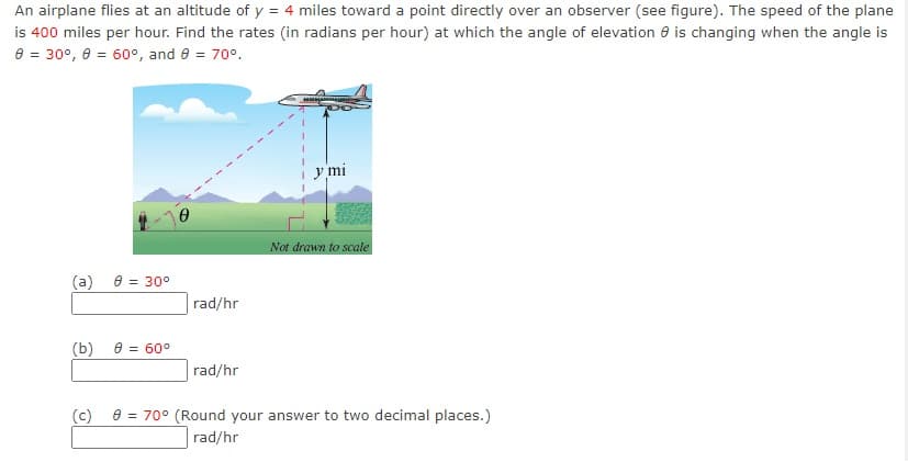 An airplane flies at an altitude of y = 4 miles toward a point directly over an observer (see figure). The speed of the plane
is 400 miles per hour. Find the rates (in radians per hour) at which the angle of elevation 8 is changing when the angle is
8 = 30°, e = 60°, and e = 70°.
y mi
Not drawn to scale
(a)
e = 30°
rad/hr
(b)
e = 60°
rad/hr
(c)
8 = 70° (Round your answer to two decimal places.)
rad/hr
