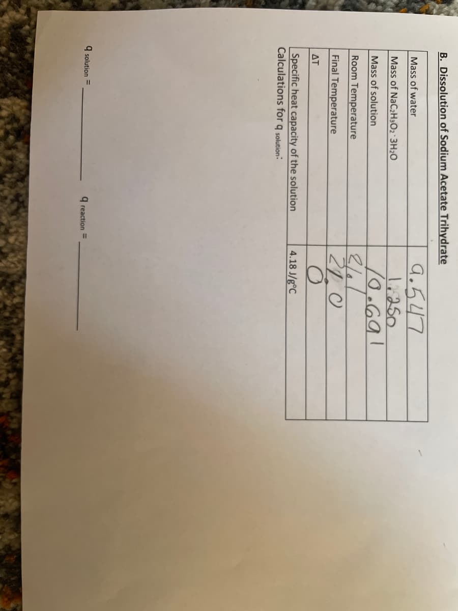 B. Dissolution of Sodium Acetate Trihydrate
9.547
1:250
Mass of water
Mass of NaC2H3O2 3H2O
Mass of solution
Room Temperature
21, 0
Final Temperature
ΔΤ
4.18 J/g°C
Specific heat capacity of the solution
Calculations for q solution:
9 solution =
9 reaction =
