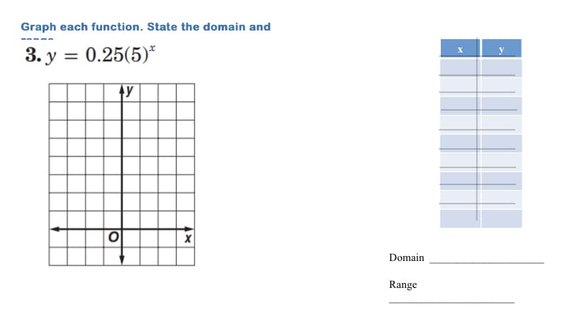 Graph each function. State the domain and
3. y = 0.25(5)*
Domain
Range
