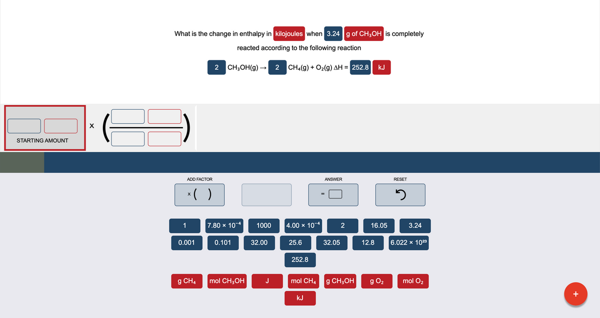 What is the change in enthalpy in kilojoules when 3.24 g of CH;OH is completely
reacted according to the following reaction
2
CH;OH(g) –
2 CH4(g) + O2(g) AH = 252.8
kJ
X
STARTING AMOUNT
ADD FACTOR
ANSWER
RESET
* ( )
1
7.80 x 10-4
1000
4.00 x 10-4
2
16.05
3.24
0.001
0.101
32.00
25.6
32.05
12.8
6.022 x 1023
252.8
g CH4
mol CH3OH
J
mol CH4
g CH;OH
g O2
mol O2
kJ
+
