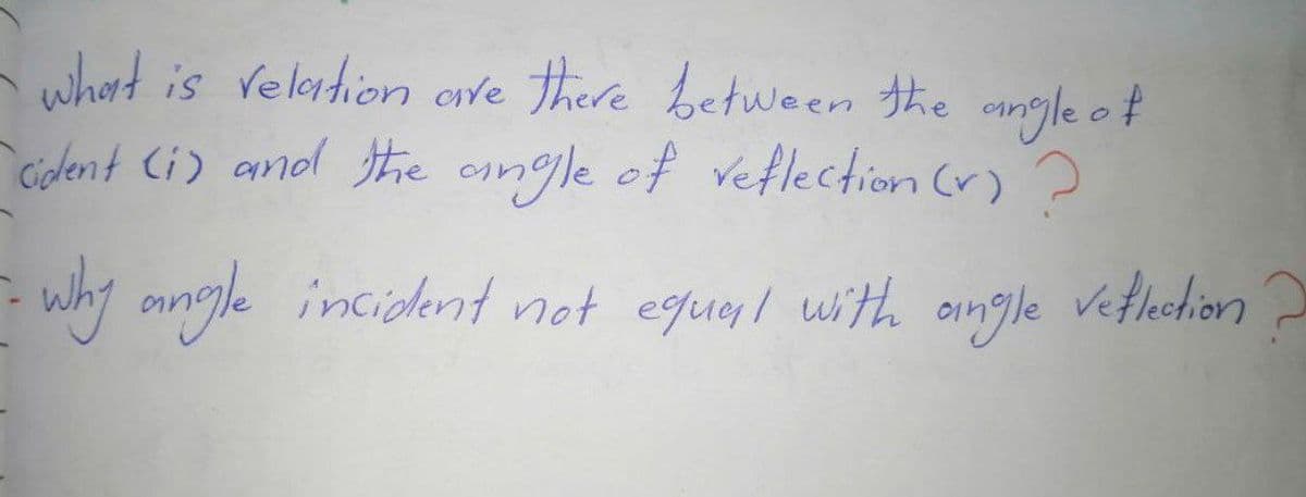 whort is veledion ove there between the angle o f
Cident Ci) anol he ongle of veflection (r) ?
why angle incident not equal with ongle vefhehion
