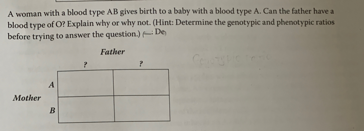 A woman with a blood type AB gives birth to a baby with a blood type A. Can the father have a
blood type of O? Explain why or why not. (Hint: Determine the genotypic and phenotypic ratios
before trying to answer the question.) - De
Father
?
?
A
Mother
В
