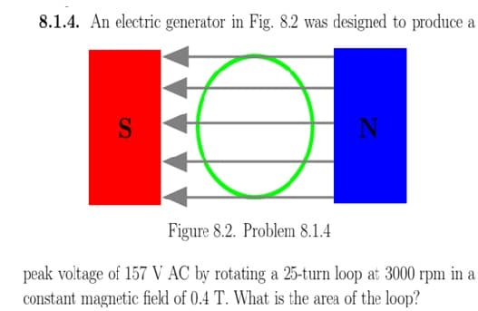 8.1.4. An electric generator in Fig. 8.2 was designed to produce
a
S
Figure 8.2. Problem 8.1.4
peak voltage of 157 V AC by rotating a 25-turn loop at 3000 rpm in a
constant magnetic field of 0.4 T. What is the area of the loop?
