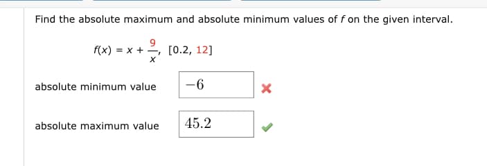 Find the absolute maximum and absolute minimum values of f on the given interval.
9
f(x) = x + 2, [0.2, 12]
absolute minimum value
-6
absolute maximum value
45.2
