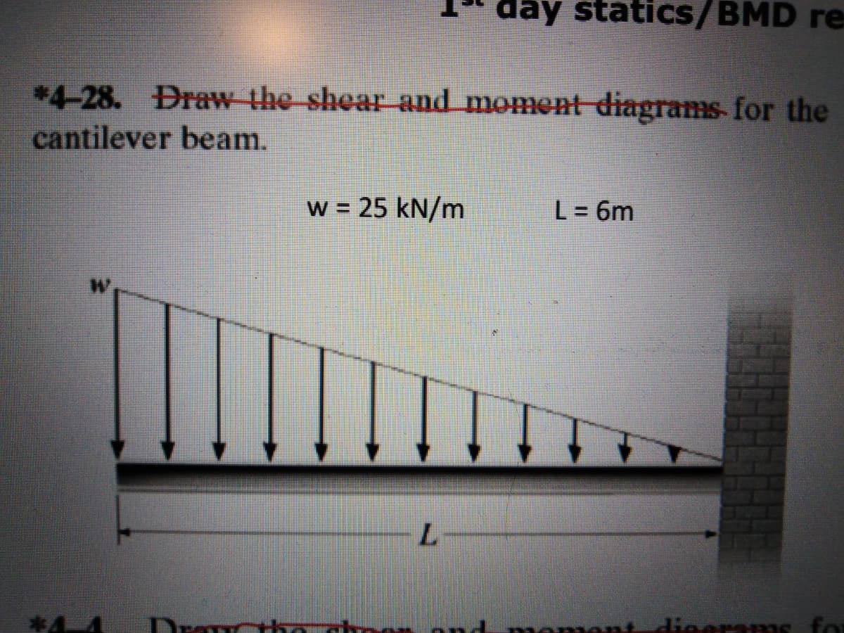 day statics/BMD re
*4-28. Draw the shear and moment diagrams- for the
cantilever beam.
w = 25 kN/m
L = 6m
**
ntdiearams for
