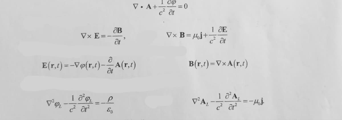сф
VA+-
=0
at
B
1 де
Vx E=-
Vx B=j+
Ət
c² Ot
E(r,t) = -Vp(r,t)-A(r,t)
B(r,t) =V×A(r,t)
18
P
VAL
1 0²AL
c² at²
=-мой
E