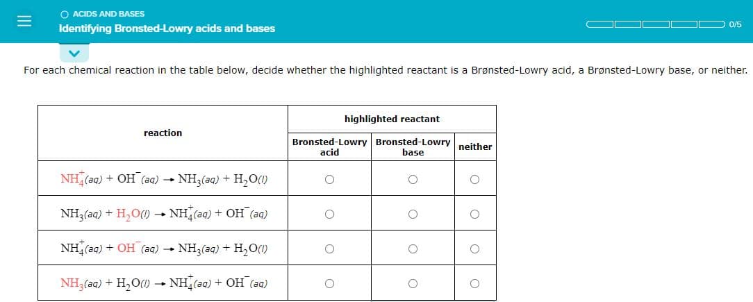 =
O ACIDS AND BASES
Identifying Bronsted-Lowry acids and bases
For each chemical reaction in the table below, decide whether the highlighted reactant is a Brønsted-Lowry acid, a Brønsted-Lowry base, or neither.
reaction
NH(aq) + OH (aq) → NH3(aq) + H₂O(1)
NH3(aq) + H₂O(1)→ NH(aq) + OH(aq)
NH4(aq) + OH (aq)
► NH3(aq) + H₂O(1)
NH3(aq) + H₂O(1)→ NH(aq) + OH(aq)
1
highlighted reactant
Bronsted-Lowry Bronsted-Lowry
acid
base
O
O
O
O
O
neither
O
O
0 0/5
O