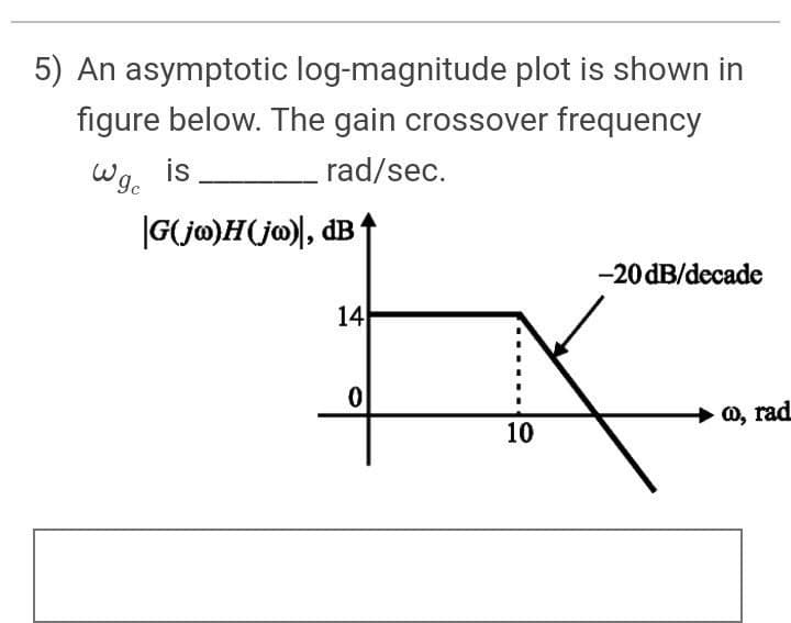 5) An asymptotic log-magnitude plot is shown in
figure below. The gain crossover frequency
Wg. is
|G(ja)H(jo), dB
rad/sec.
-20 dB/decade
14
+ 0, rad
10
