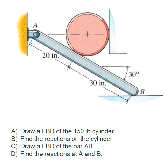 A
20 in.
30°
30 in.
B
A) Draw a FBD of the 150 Ib cylinder.
B) Find the reactions on the cylinder.
C) Draw a FBD of the bar AB.
D) Find the reactions at A and B.
