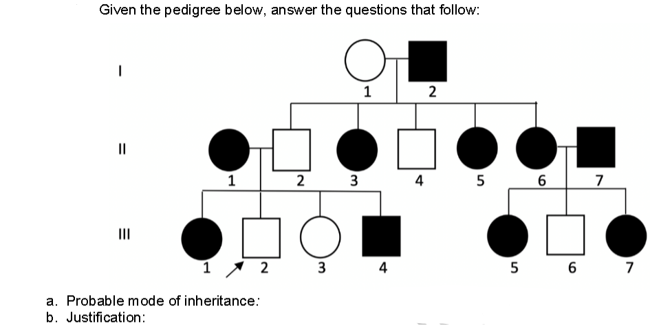 Given the pedigree below, answer the questions that follow:
1
1
2
1
||
=
|||
2
a. Probable mode of inheritance:
b. Justification:
2
3
3
4
4
5
5
6 7
6
7
