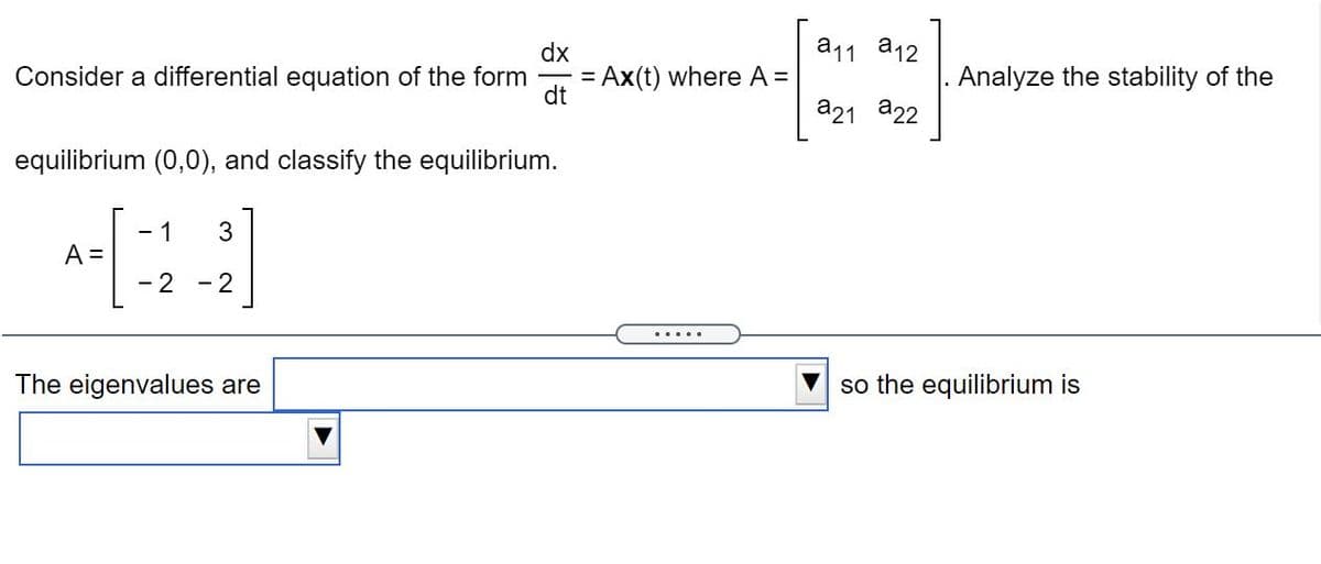 dx
a12
a11
Ax(t) where A =
dt
|. Analyze the stability of the
Consider a differential equation of the form
a21 a22
equilibrium (0,0), and classify the equilibrium.
- 1
A =
- 2 -2
.... .
so the equilibrium is
The eigenvalues are
