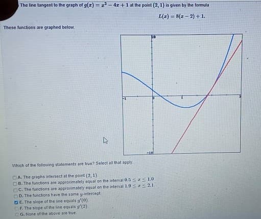 The line tangent to the graph of g(z) =z- 4z +1at the point (2, 1) is given by the formula
L(z) = 8(z – 2) + 1.
%3D
These functions are graphed below,
-10
Which of the following statements are true? Select all that apply.
DA. The graphs intersect at the point (2, 1).
DB. The functions are approximately cqual on the interval 0.G< I 10
OC. The functions are approximately equal on the interval 1,9S IS21
DD. The funcions have the same y-intercept
GE. The slope of the line equals g'(0).
OF. The slope of the line equals g'(2)
G. None of the above are true.
