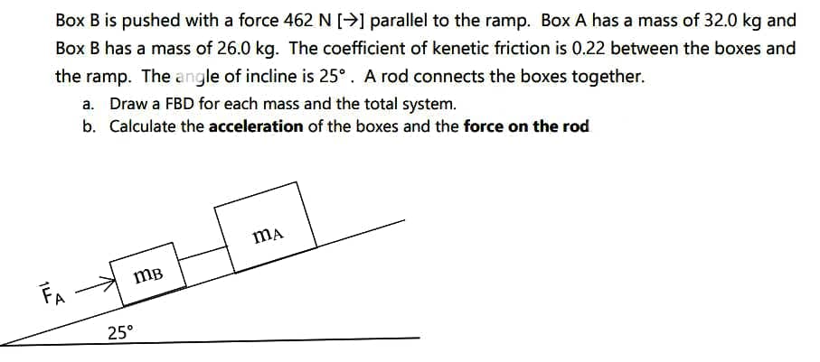 Box B is pushed with a force 462 N [>] parallel to the ramp. Box A has a mass of 32.0 kg and
Box B has a mass of 26.0 kg. The coefficient of kenetic friction is 0.22 between the boxes and
the ramp. The angle of incline is 25°. A rod connects the boxes together.
a. Draw a FBD for each mass and the total system.
b. Calculate the acceleration of the boxes and the force on the rod
mB
FA
25°
