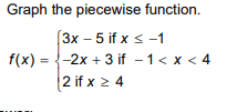 Graph the piecewise function.
(3x – 5 if x s -1
f(x) = {-2x + 3 if - 1< x < 4
2 if x 2 4
