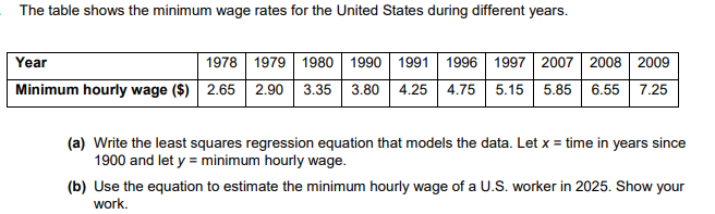 The table shows the minimum wage rates for the United States during different years.
Year
1978 1979 1980 1990| 1991 1996
1997 2007 2008 2009
Minimum hourly wage ($) 2.65 2.90 3.35 3.80 | 4.25 4.75 5.15 5.85 6.55 7.25
(a) Write the least squares regression equation that models the data. Let x = time in years since
1900 and let y = minimum hourly wage.
(b) Use the equation to estimate the minimum hourly wage of a U.S. worker in 2025. Show your
work.
