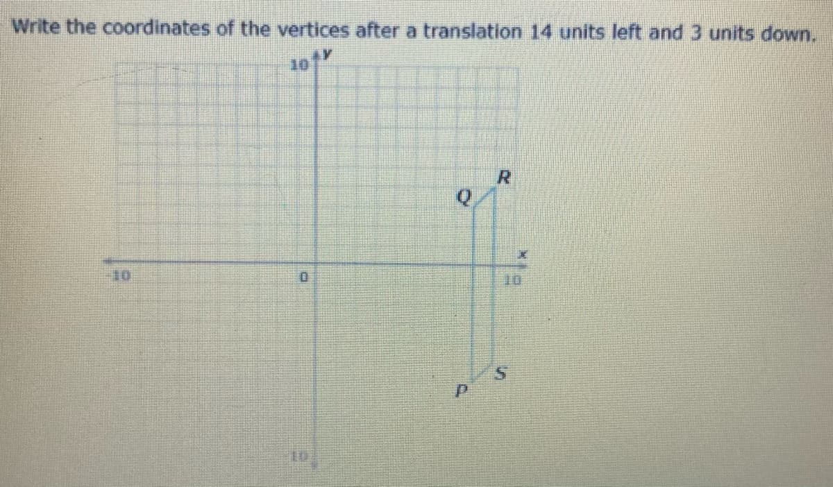 Write the coordinates of the vertices after a translation 14 units left and 3 units down.
101
R.
D.
10
