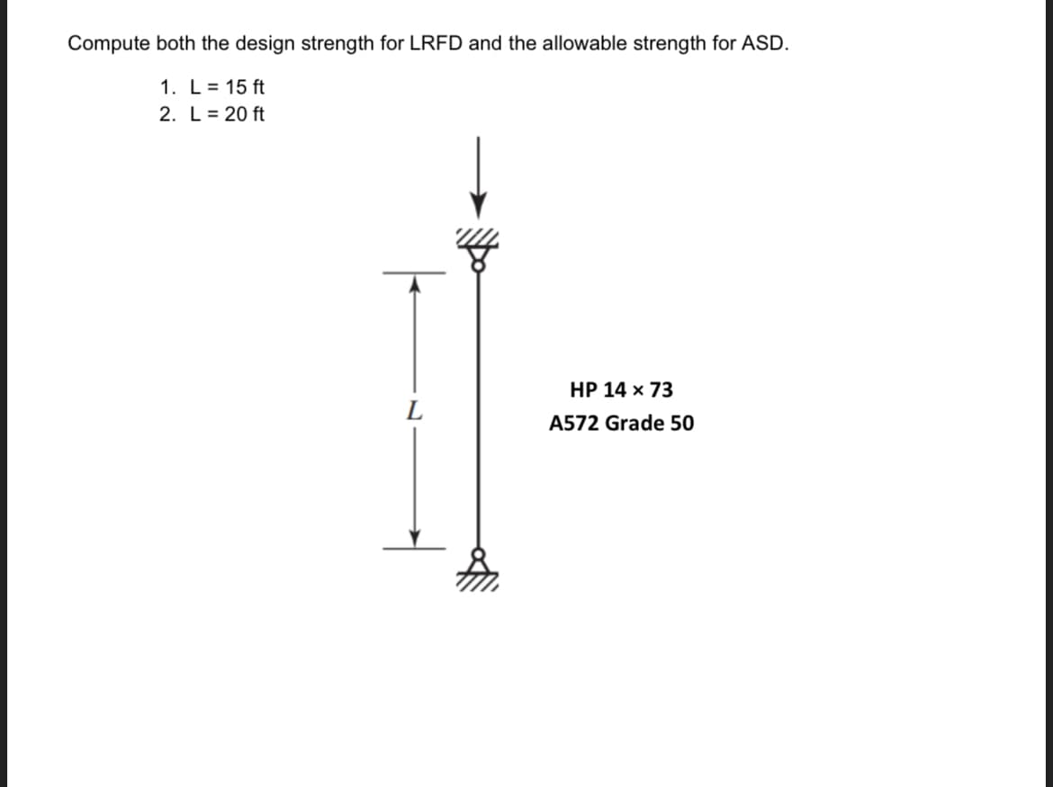 Compute both the design strength for LRFD and the allowable strength for ASD.
1. L = 15 ft
2. L = 20 ft
L
HP 14 x 73
A572 Grade 50