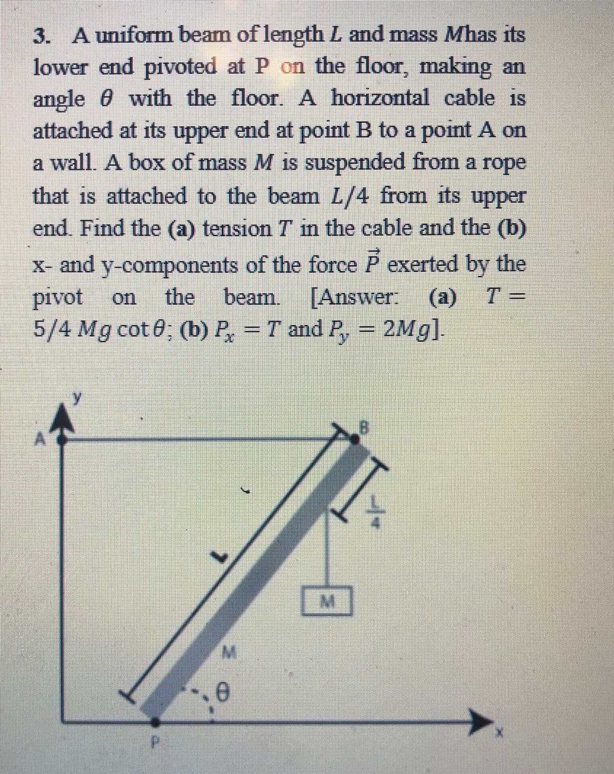 3. A uniform beam of length L and mass Mhas its
lower end pivoted at P on the floor, making an
angle 6 with the floor. A horizontal cable is
attached at its end at point B to a point A on
a wall. A box of mass M is suspended from a rope
that is attached to the beam L/4 from its upper
upper
end. Find the (a) tension T in the cable and the (b)
X- and y-components of the force P exerted by the
T =
pivot on
the
[Answer: (a)
5/4 Mg cot 0; (b) P, = T and P, = 2Mg].
beam.
M
