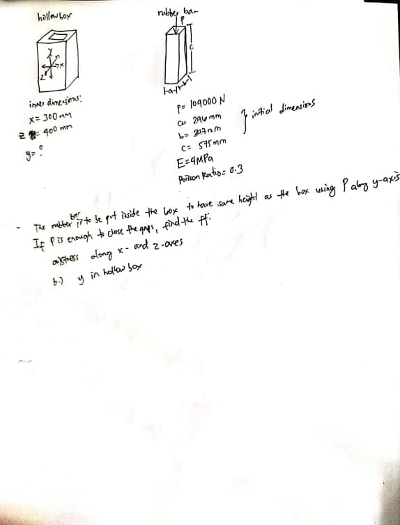 hallow Loy
nubber bar
ine dinessons:
X= 300 mm
2* 400 mm
p= lo9000 N
Ce 290 mm
Aial
dimensions
C= S75 mm
E=4MPA
Poitton kantios 6.3
The mbber 7+ le prtiside the lox to have same height as the box using Paby y-axs
If Pis erough close the gaps,
find the fi
and
astess olong
2-oves
5.)
in holfa boy
