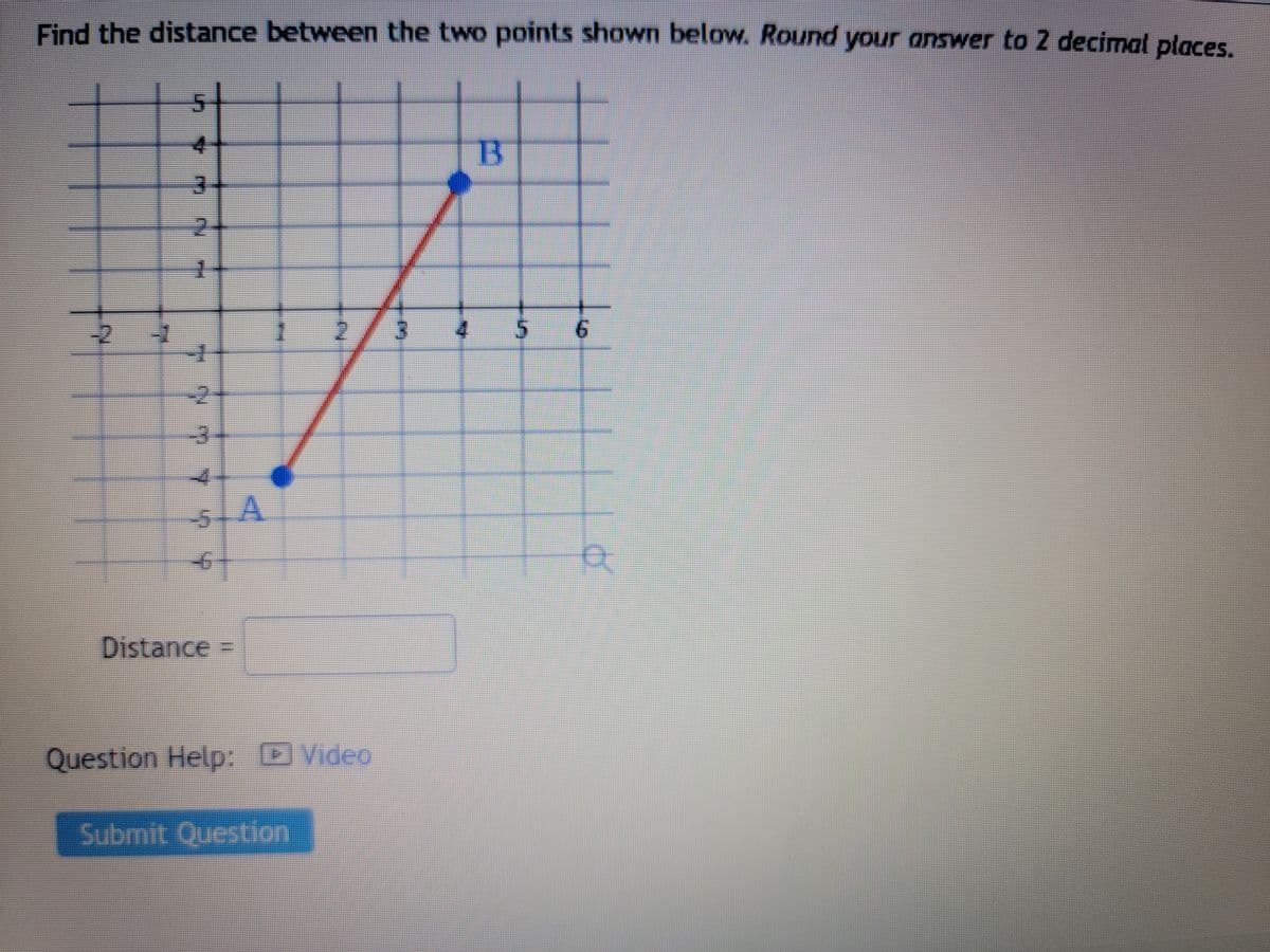 Find the distance between the two points shown below. Round your answer to 2 decimal places.
7
IN
1
T
7744
5. A
-6
Distance
2 3
Question Help: Video
Submit Question
4
B
5
to
Q
