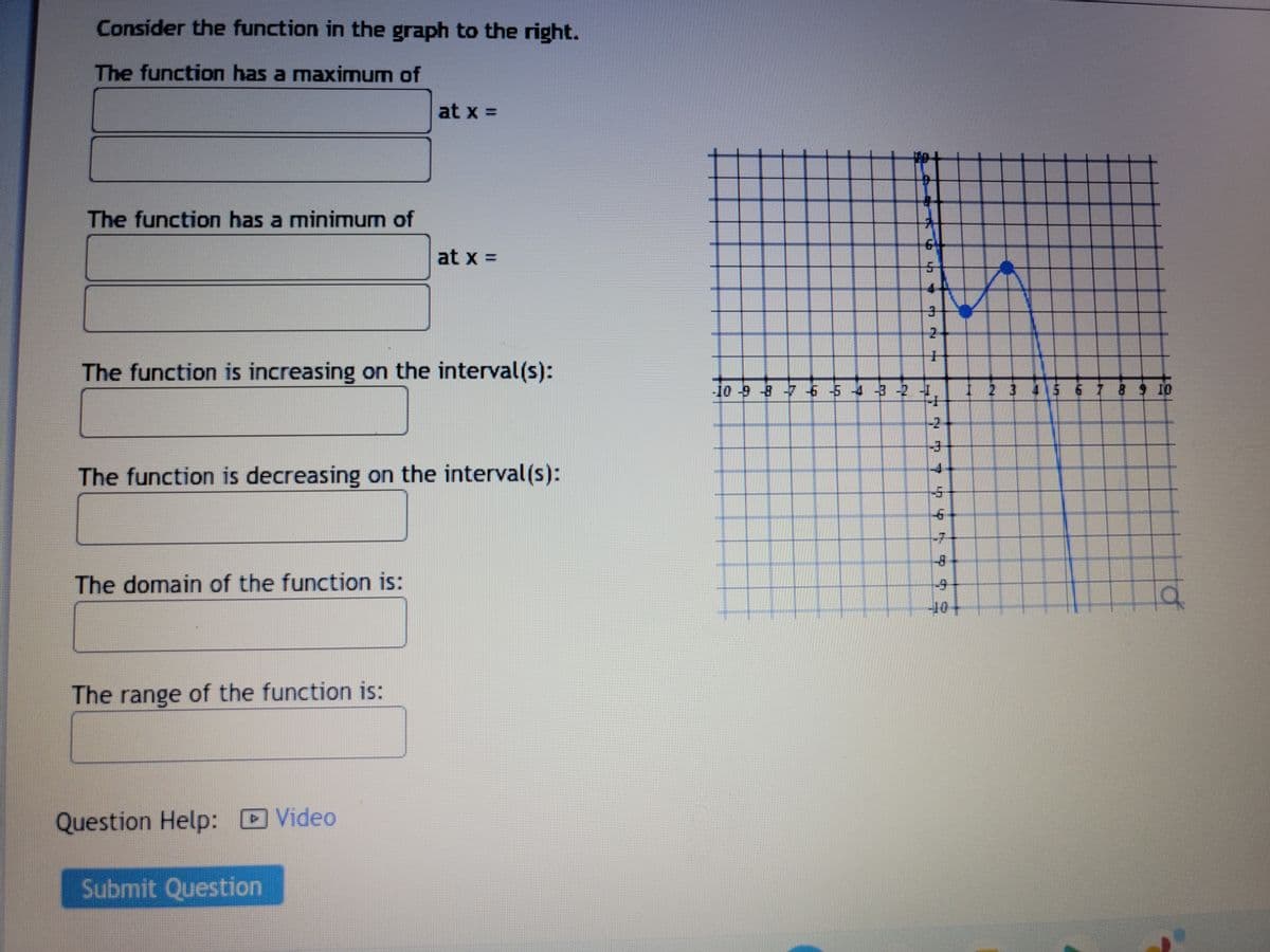 Consider the function in the graph to the right.
The function has a maximum of
The function has a minimum of
The function is increasing on the interval(s):
The domain of the function is:
The function is decreasing on the interval(s):
The range of the function is:
at x =
Question Help: Video
at x =
Submit Question
#
5
4
2
1
-10 -9 -8-7-6-5-4-3-2-1
ME
+
70740 419
-3
-5
-6
-8
-9
HH