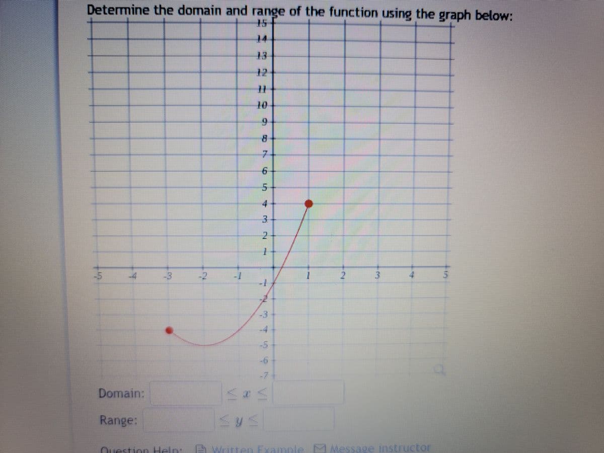 Determine the domain and range of the function using the graph below:
Domain:
Range:
Question Help:
9
7
6
5
4
3
2
1
<x<
y s
3
Written Example M Message instructor