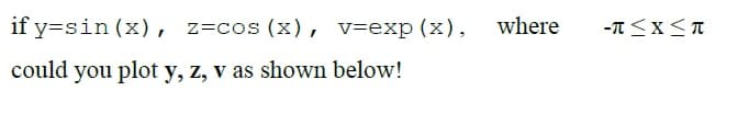 if y=sin (x), z=cos (x), v=exp(x), where
could you plot y, z, v as shown below!

