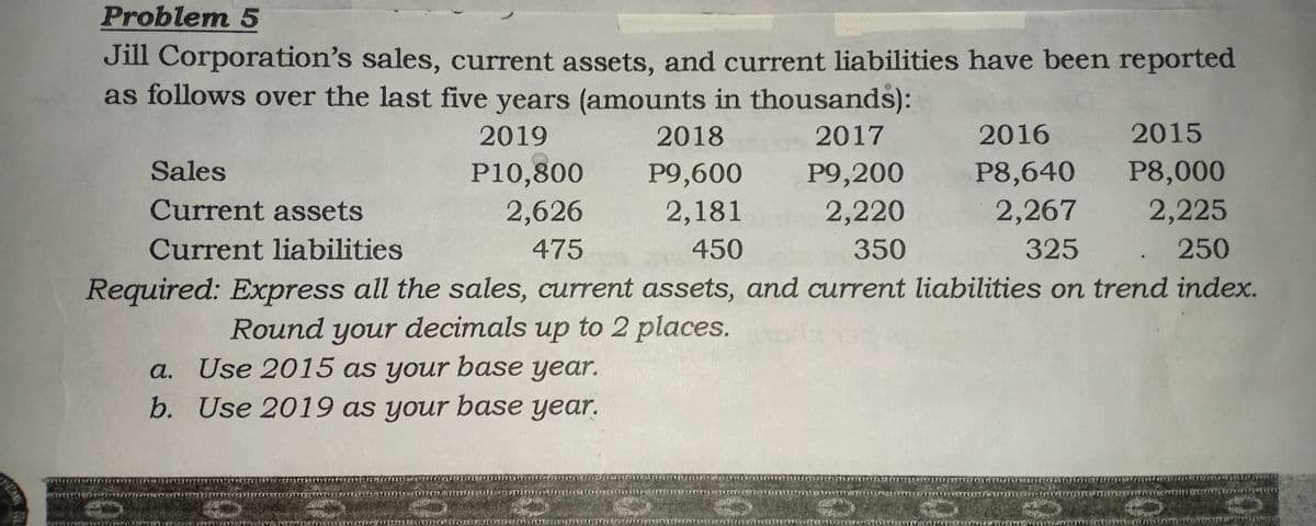 Problem 5
Jill Corporation's sales, current assets, and current liabilities have been reported
as follows over the last five years (amounts in thousands):
2019
2018
2017
2016
2015
P10,800
2,626
Sales
P8,000
P9,200
2,220
P9,600
P8,640
Current assets
2,181
2,267
2,225
Current liabilities
475
450
350
325
250
Required: Express all the sales, current assets, and current liabilities on trend index.
Round your decimals up to 2 places.
a. Use 2015 as your base year.
b. Use 2019 as your base year.
