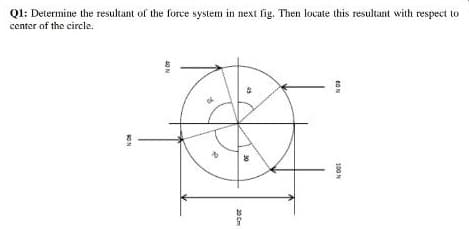 Q1: Determine the resultant of the force system in next fig. Then locate this resultant with respect to
center of the circle.
100N
20 Cm
40N
RON

