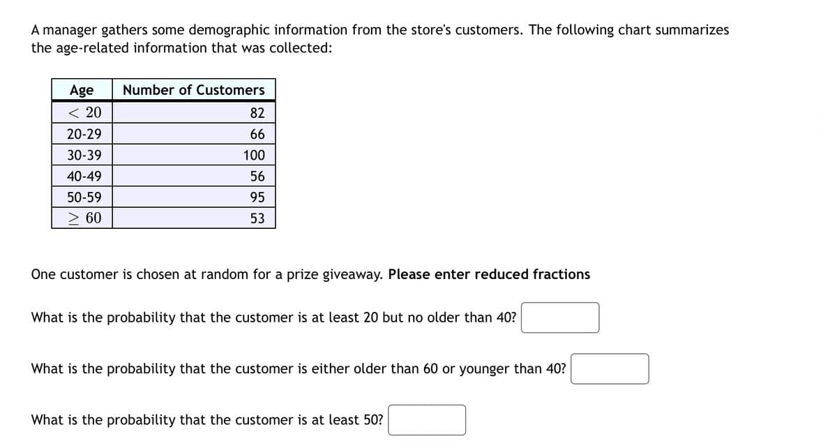 A manager gathers some demographic information from the store's customers. The following chart summarizes
the age-related information that was collected:
Age
Number of Customers
< 20
82
20-29
66
30-39
100
40-49
56
50-59
95
> 60
53
One customer is chosen at random for a prize giveaway. Please enter reduced fractions
What is the probability that the customer is at least 20 but no older than 40?
What is the probability that the customer is either older than 60 or younger than 40?
What is the probability that the customer is at least 50?
