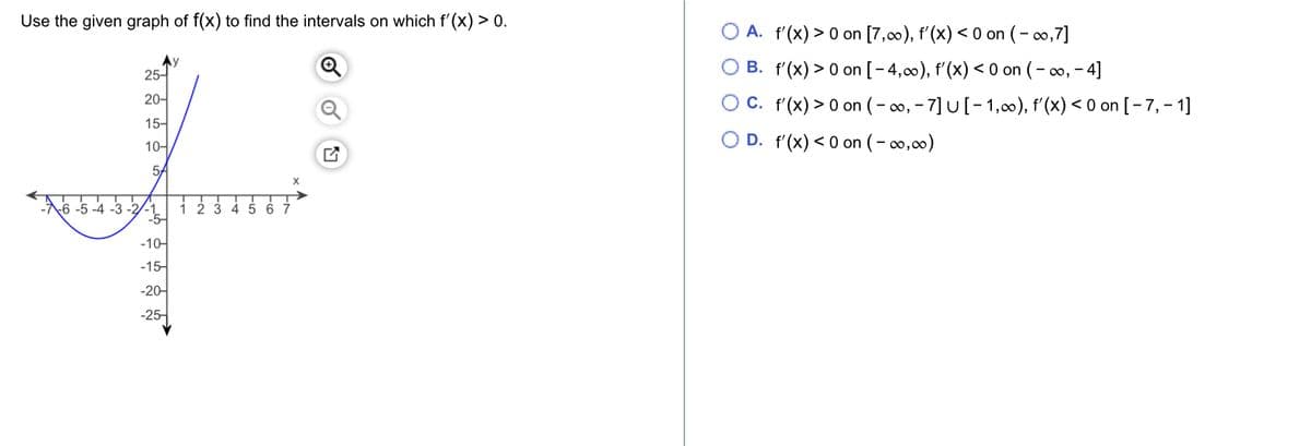 Use the given graph of f(x) to find the intervals on which f'(x) > 0.
Ау
25-
20-
15-
10-
5/
J
-6-5-4-3-2
7
-10-
-15-
-20-
-25-
A. f'(x) > 0 on [7, ∞), f'(x) < 0 on (-∞,7]
B. f'(x) > 0 on [-4,∞), f'(x) <0 on (-∞, -4]
C. f'(x) > 0 on (-∞, -7] U [-1,∞), f'(x) < 0 on [-7, -1]
D. f'(x) <0 on (-∞0,00)