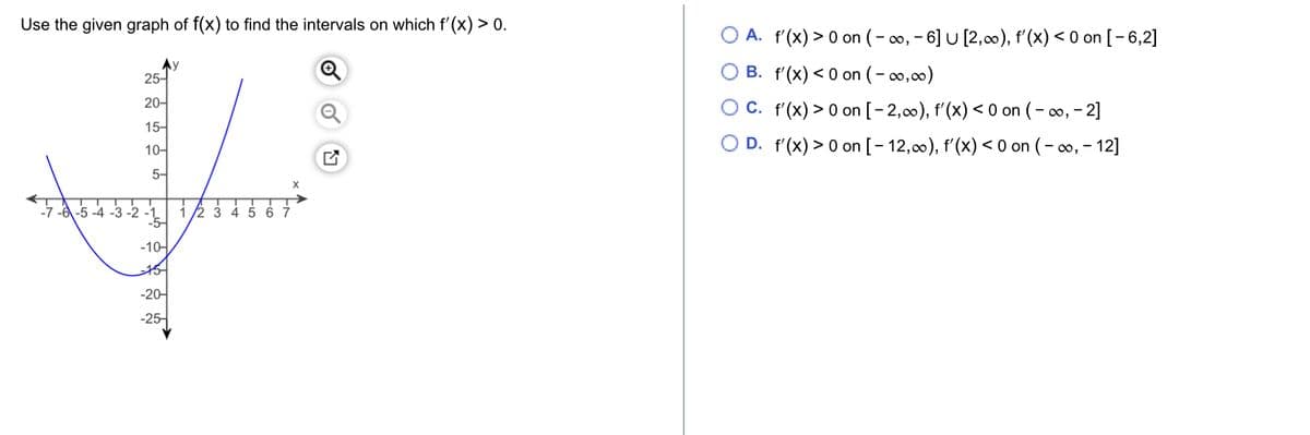 Use the given graph of f(x) to find the intervals on which f'(x) > 0.
Ny
25-
20-
15-
10-
5-
-5-4-3-2-1
-5-
-10-
-15--
-20-
-25-
1/2 3 4 5 6 7
A. f'(x) > 0 on (-∞, -6] U [2,∞), f'(x) <0 on [-6,2]
B. f'(x) <0 on (-∞0,00)
C. f'(x) > 0 on [-2,∞), f'(x) <0 on (-∞, -2]
D. f'(x) > 0 on [-12,∞), f'(x) <0 on (-∞, -12]
