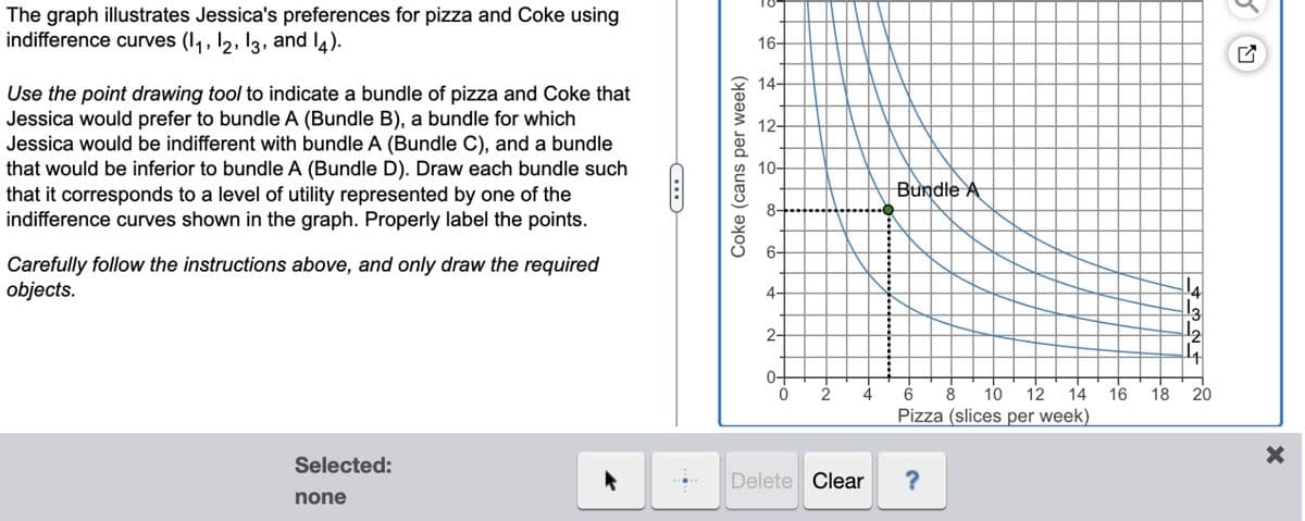 The graph illustrates Jessica's preferences for pizza and Coke using
indifference curves (1₁, 12, 13, and 14).
Use the point drawing tool to indicate a bundle of pizza and Coke that
Jessica would prefer to bundle A (Bundle B), a bundle for which
Jessica would be indifferent with bundle A (Bundle C), and a bundle
that would be inferior to bundle A (Bundle D). Draw each bundle such
that it corresponds to a level of utility represented by one of the
indifference curves shown in the graph. Properly label the points.
Carefully follow the instructions above, and only draw the required
objects.
Selected:
none
A
C
Coke (cans per week)
10-
16-
14-
12-
10-
6-
4-
2-
0
2
4
Delete Clear
Bundle A
6 8 10 12 14
Pizza (slices per week)
?
16
18
¹2
20
X