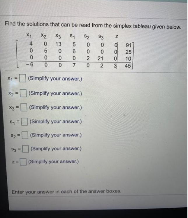 Find the solutions that can be read from the simplex tableau given below.
X1
X2
X3
S1
S2
S3
13
91
5.
6.
25
21
10
-6
7
3
45
X =
(Simplify your answer.)
%3D
X2 =
(Simplify your answer.)
%3D
X3 =
(Simplify your answer.)
S1 =
(Simplify your answer.)
S2 =
(Simplify your answer.)
S3 =
(Simplify your answer.)
(Simplify your answer.)
Enter your answer in each of the answer boxes.
NO O2o
